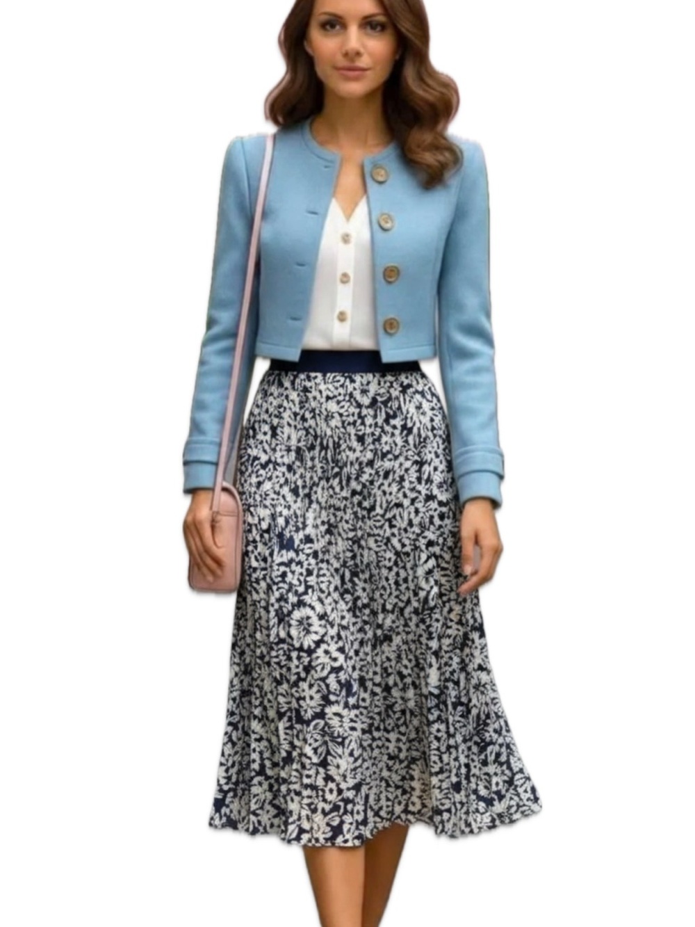 H&M Navy Blue White Floral Pleated Lined Flowy Midi Skirt Large Waist 16.5-23